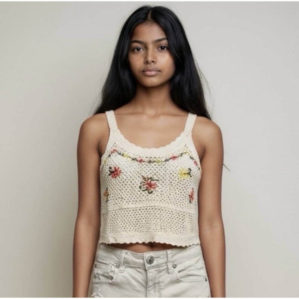 Rebellion Again Floral Embroidered Crochet Crop Tank Top Womens XS Ivory Boho